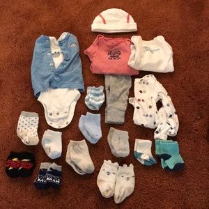 Newborn clothes, mittens, pj’s, beanie and socks
